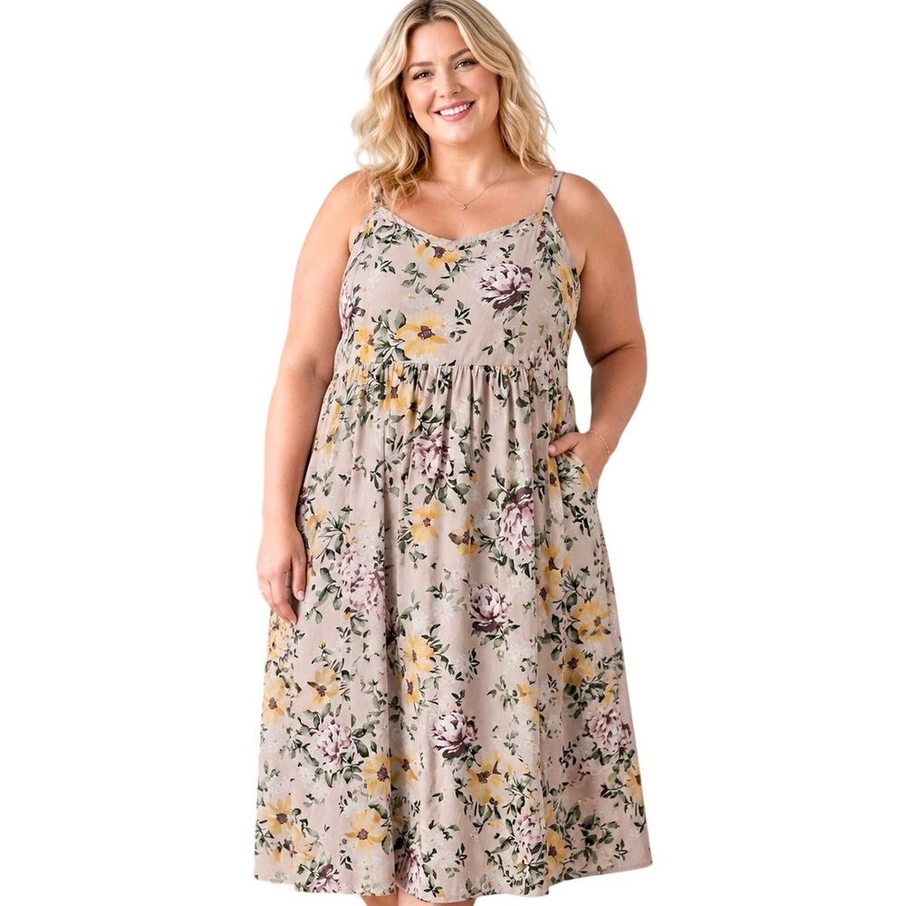 Torrid Midi Skater Dress Womens Size 2X Ivory Yellow Floral Cottagecore Challis